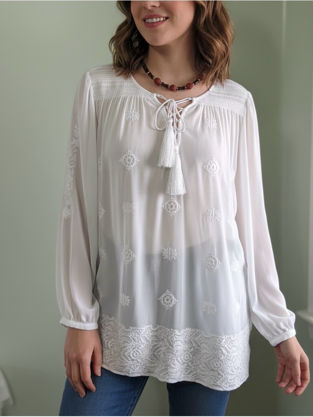 Michael Kors White Embroidered Tassel Tie Boho Tunic